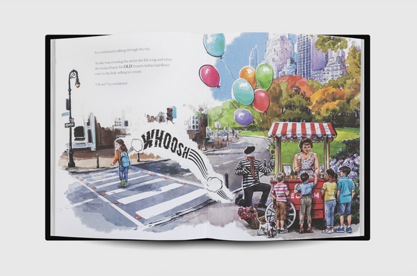 Illustrated book page of a city street scene where the French clothes escape from backpack and float to the ice cream vendor. 