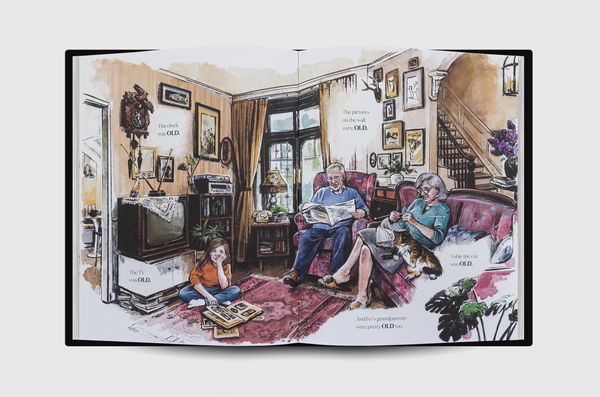 Illustration of a family in a living room with a grandfather clock, an old TV set, book shelves and a Calico cat on the couch.