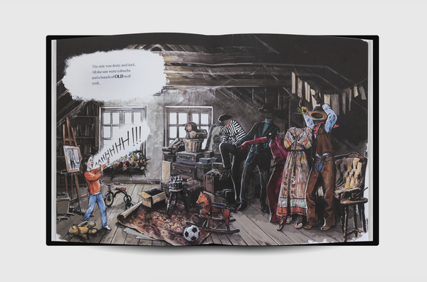 Illustrated book page showing a scene in the attic where the girl encounters the live old clothes for the first time.