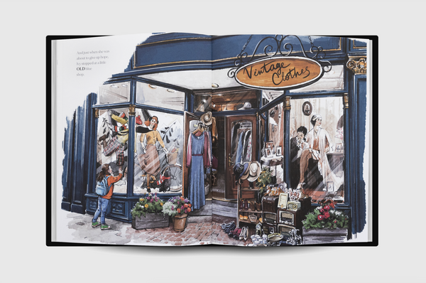 Illustration of a vintage clothing store and the girl looking in the window with dressed up mannequins.