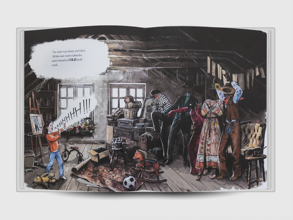 Illustrated attic scene from the children’s book Old Clothes showing Ivy discovering magical vintage outfits among dusty cobwebs, old suitcases, toys, and antique furniture as the bodiless clothes suddenly come to life in the dark attic.