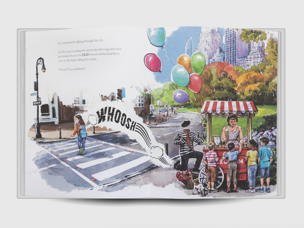 Illustrated city park scene from the children’s book Old Clothes showing Ivy crossing the street while a magical striped French outfit flies toward an ice cream cart surrounded by children, colorful balloons, and a skyline in the background.