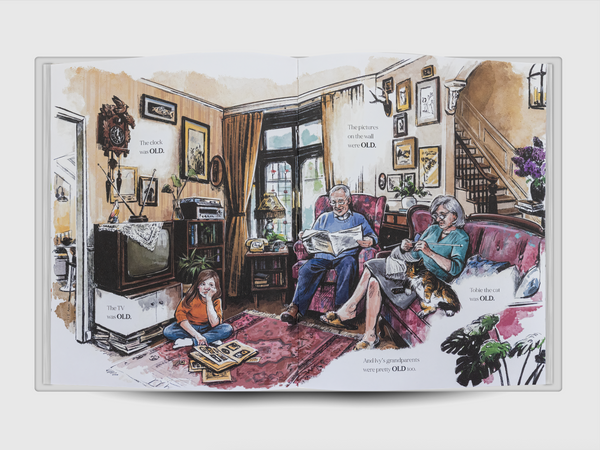 Illustrated two-page spread from the children’s book Old Clothes showing Ivy visiting her grandparents in a cozy vintage living room filled with old objects, including an antique television, cuckoo clock, framed pictures, and a cat resting beside her grandmother while her grandfather reads a newspaper.