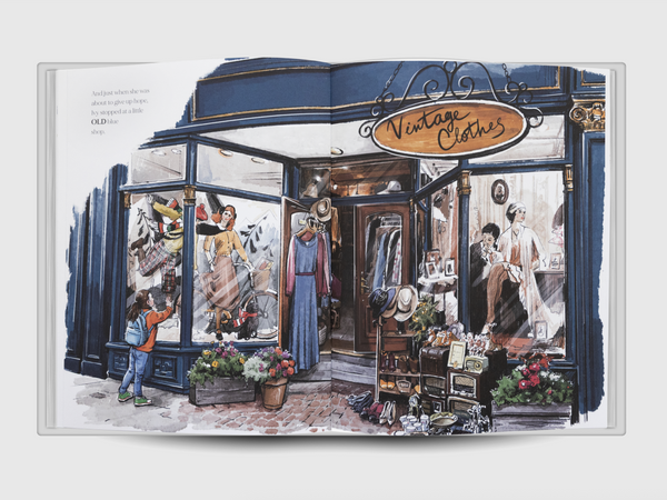 Illustrated vintage clothing shop scene from the children’s book Old Clothes showing Ivy discovering a charming boutique filled with antique dresses, hats, mannequins, and old-fashioned treasures displayed in the storefront windows.