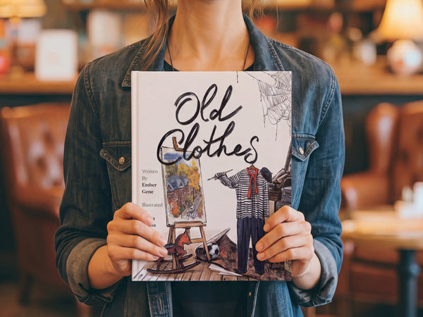 Woman holding a copy of the children’s book Old Clothes in a cozy bookstore or café setting, with the illustrated vintage-themed cover clearly visible in warm ambient lighting